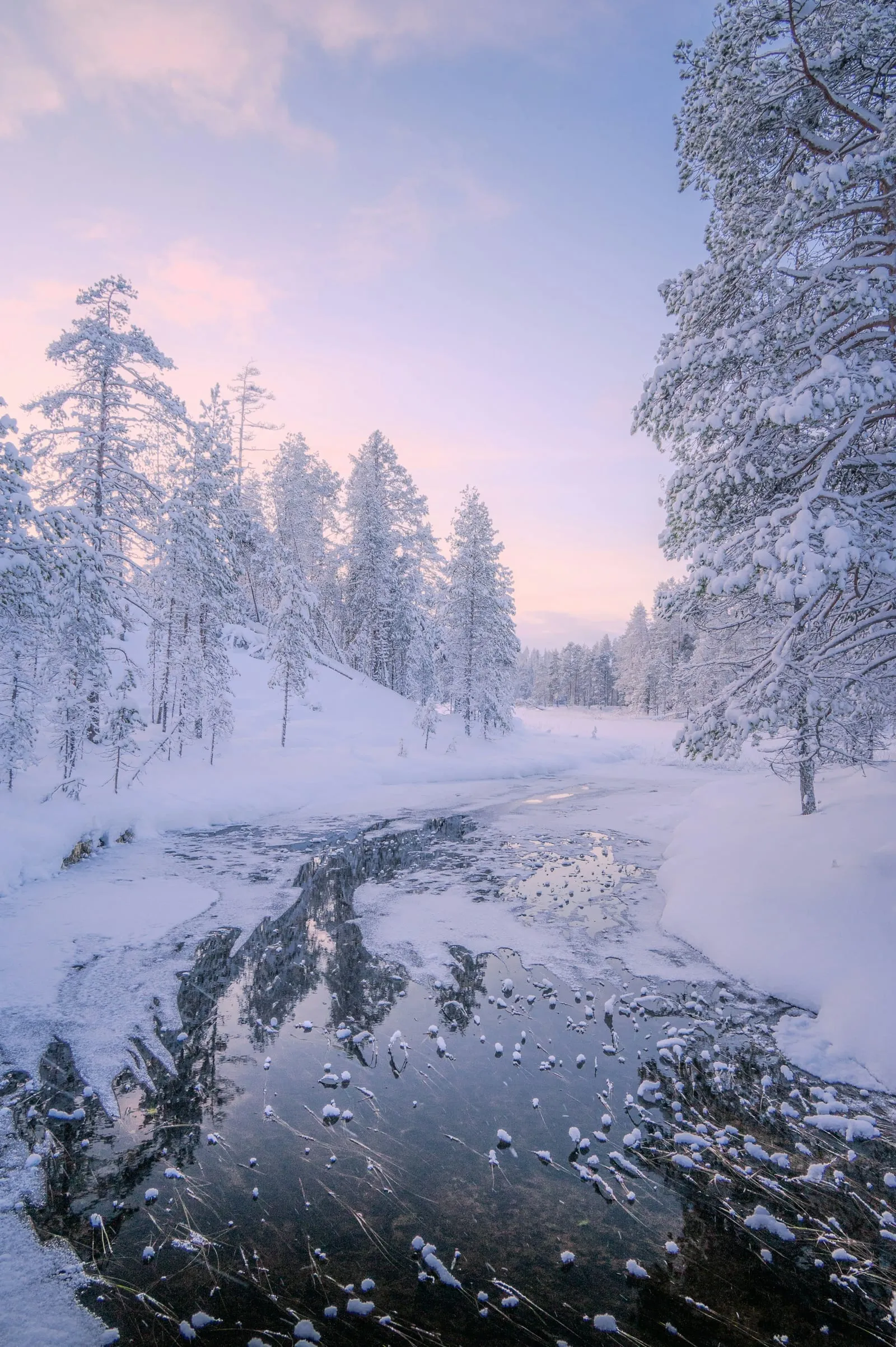 A river running through a snow covered forest
